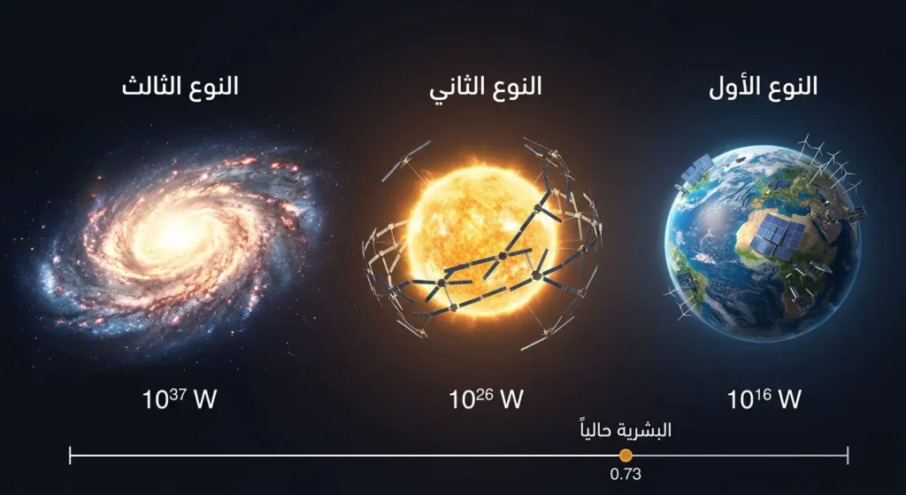رسم توضيحي واقعي لمقياس كارداشيف يُظهر ثلاثة مستويات من الحضارات حسب استهلاك الطاقة مع موقع البشرية الحالي