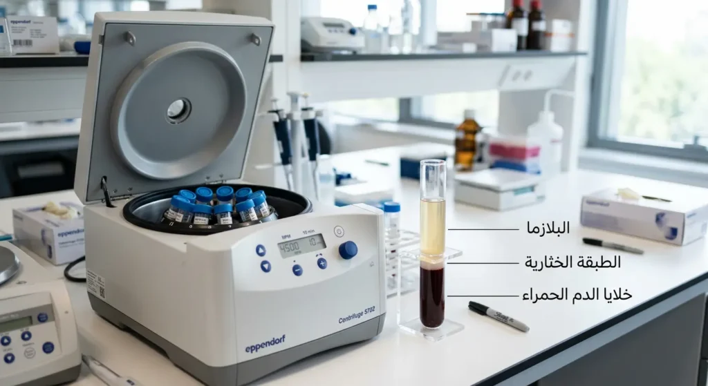 صورة واقعية لجهاز طرد مركزي مخبري مفتوح مع أنبوب دم منفصل إلى ثلاث طبقات: البلازما والطبقة الخثارية وخلايا الدم الحمراء