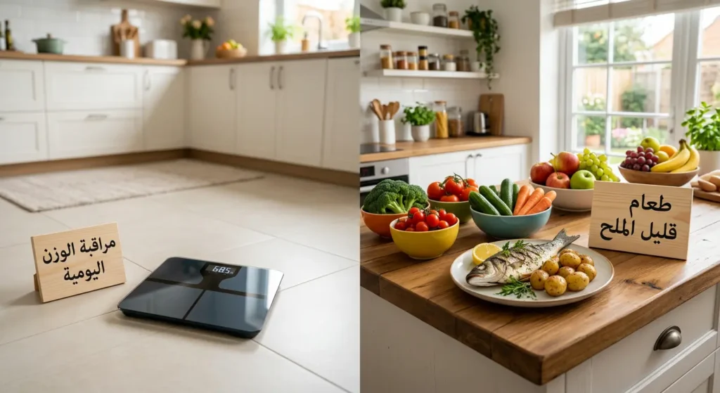 صورة تعرض طعاماً صحياً قليل الملح وميزان وزن رقمي كأدوات أساسية لإدارة فشل القلب