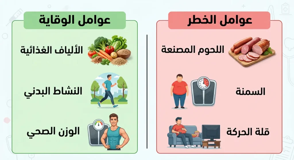 مقارنة بصرية بين عوامل الخطر وعوامل الوقاية من سرطان القولون المرتبطة بنمط الحياة