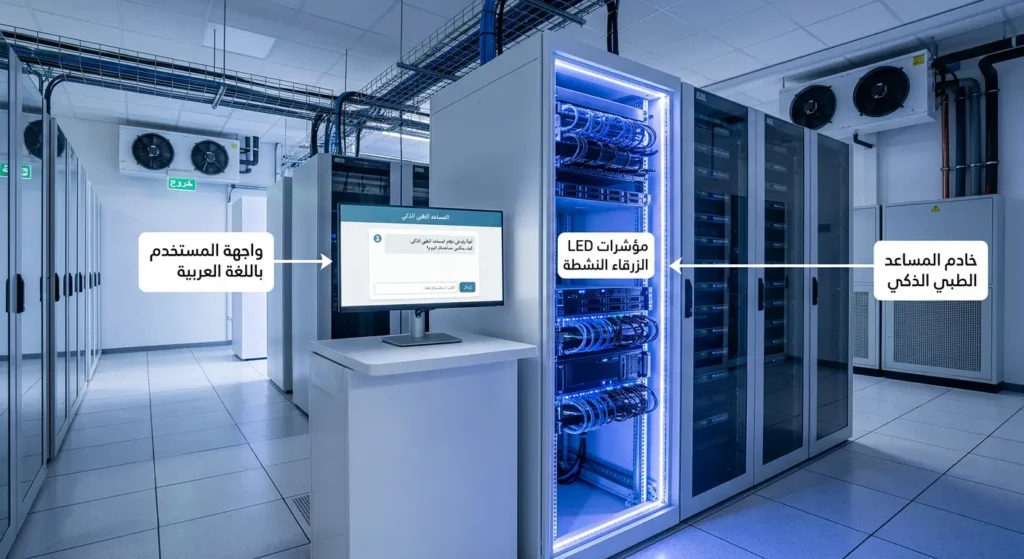  صورة واقعية لغرفة خوادم في مستشفى تعرض شاشة عليها واجهة المساعد الطبي الذكي باللغة العربية