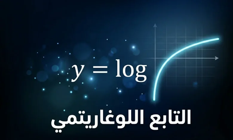 غلاف مقال التابع اللوغاريتمي يُظهر منحنى لوغاريتمي متوهج على خلفية داكنة مع عبارة التابع اللوغاريتمي بالعربية