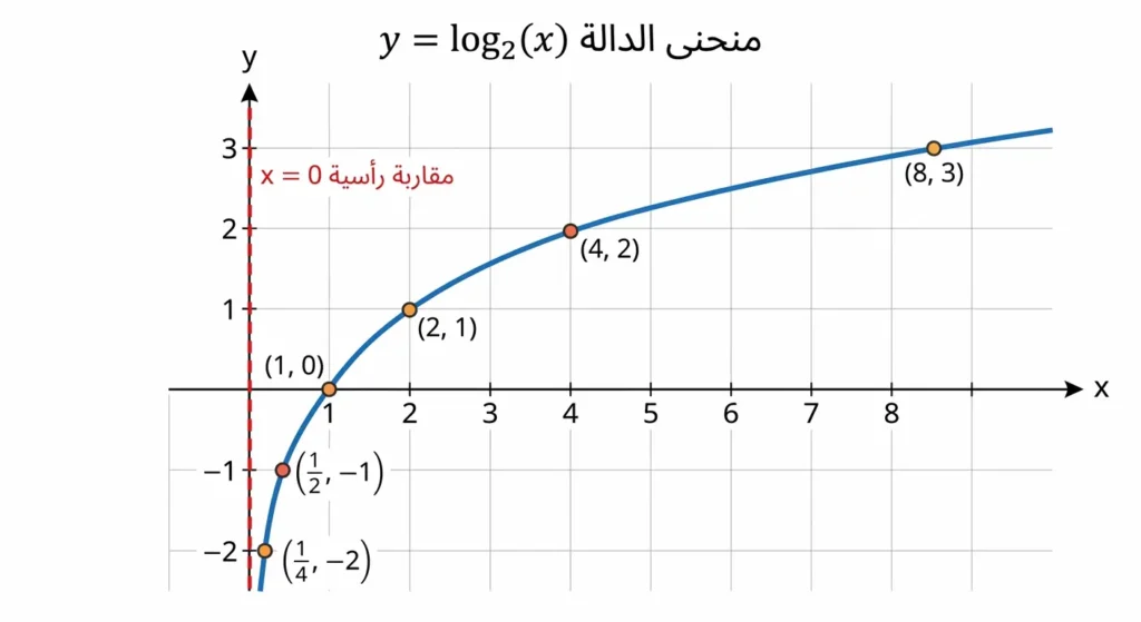 رسم بياني يوضح منحنى الدالة y = log₂(x) مع ست نقاط محددة والمقاربة الرأسية عند x = 0