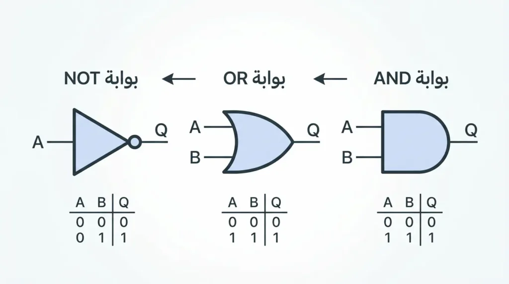 رسم توضيحي علمي للبوابات المنطقية الثلاث الأساسية AND وOR وNOT مع جداول الصدق الخاصة بكل بوابة