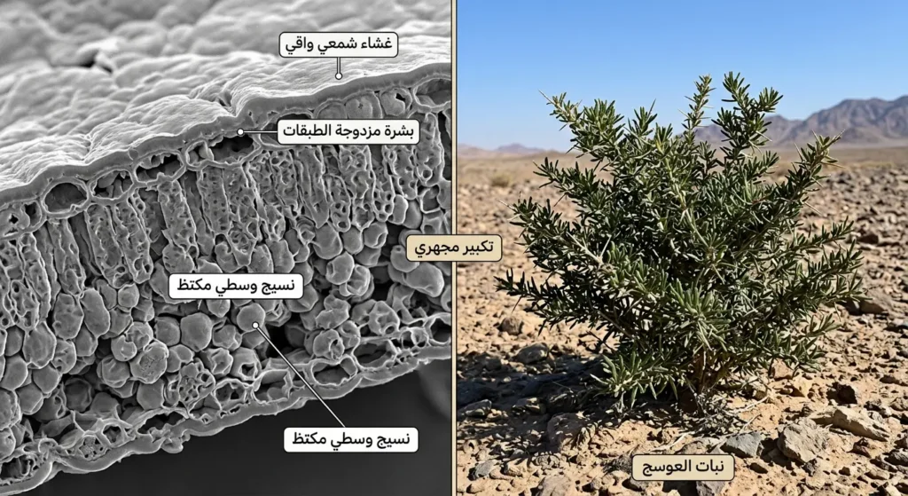 صورة مركبة واقعية تجمع بين صورة ميدانية لنبات العوسج الصحراوي ومقطع مجهري لورقته يُظهر البشرة المزدوجة والغشاء الشمعي والنسيج الوسطي المكتظ