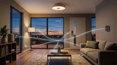 غرفة معيشة ذكية عصرية تُظهر هاتفاً ذكياً يتحكم بجميع أجهزة المنزل الذكي عبر بروتوكول ماتر الموحّد مع خطوط اتصال متوهجة تربط الأجهزة ببعضها.