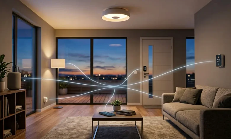 غرفة معيشة ذكية عصرية تُظهر هاتفاً ذكياً يتحكم بجميع أجهزة المنزل الذكي عبر بروتوكول ماتر الموحّد مع خطوط اتصال متوهجة تربط الأجهزة ببعضها.