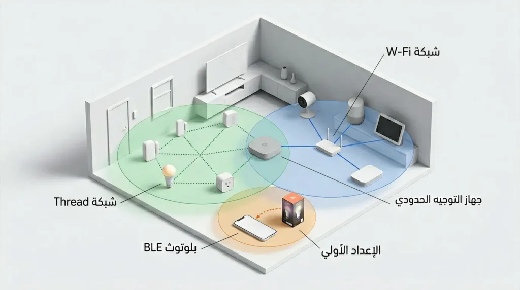 رسم ثلاثي الأبعاد واقعي يوضح بنية بروتوكول ماتر داخل منزل ذكي مع ثلاث طبقات اتصال: شبكة Thread الخضراء للأجهزة منخفضة الطاقة وشبكة Wi-Fi الزرقاء للأجهزة عالية النطاق وبلوتوث BLE البرتقالي للإعداد الأولي.
