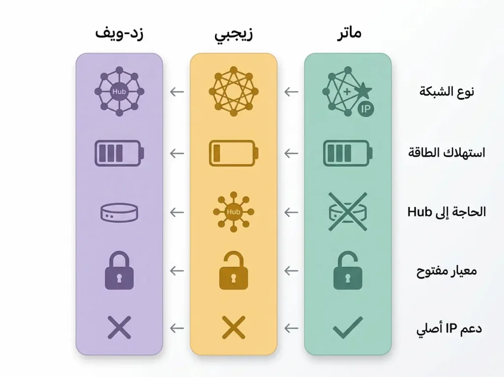 إنفوجرافيك علمي يقارن بين بروتوكولات المنزل الذكي الثلاثة ماتر وزيجبي وزد-ويف من حيث نوع الشبكة واستهلاك الطاقة والحاجة إلى Hub والانفتاح ودعم بروتوكول الإنترنت.