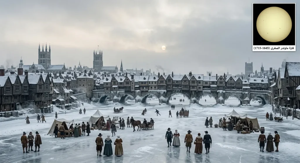 نهر متجمد في مدينة أوروبية تاريخية خلال فترة ماوندر الصغرى مع شمس خافتة في السماء