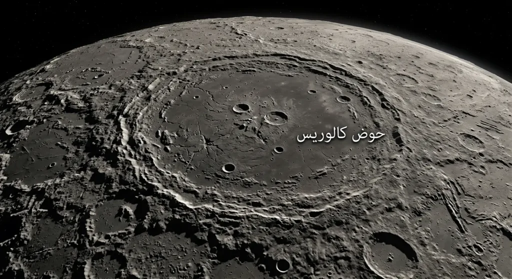 صورة فضائية واقعية تُظهر حوض كالوريس العملاق على سطح كوكب عطارد بقطر 1550 كيلومتراً مع تسمية عربية