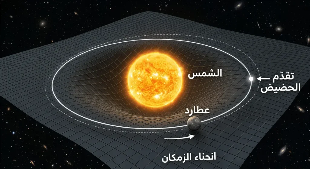  رسم توضيحي يُظهر انحناء الزمكان حول الشمس وتأثيره على مدار كوكب عطارد مع تقدّم نقطة الحضيض الذي أثبت نظرية النسبية العامة