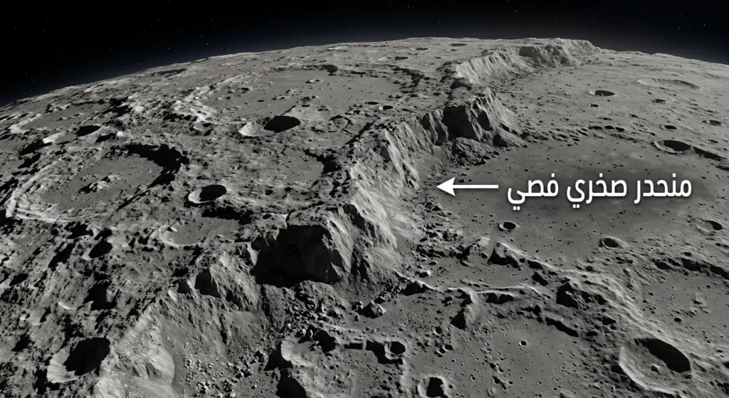 صورة واقعية قريبة من سطح عطارد تُظهر منحدراً صخرياً فصياً عملاقاً ناتجاً عن انكماش الكوكب الجيولوجي المستمر