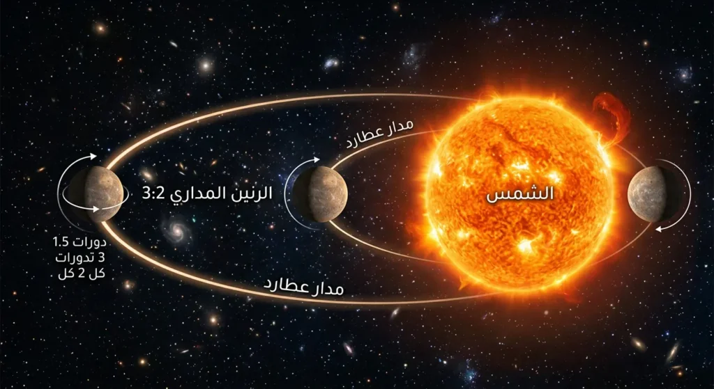 رسم توضيحي يُبيّن مدار كوكب عطارد الإهليلجي حول الشمس مع ثلاثة مواقع للكوكب تُوضّح ظاهرة الرنين المداري بنسبة 3:2
