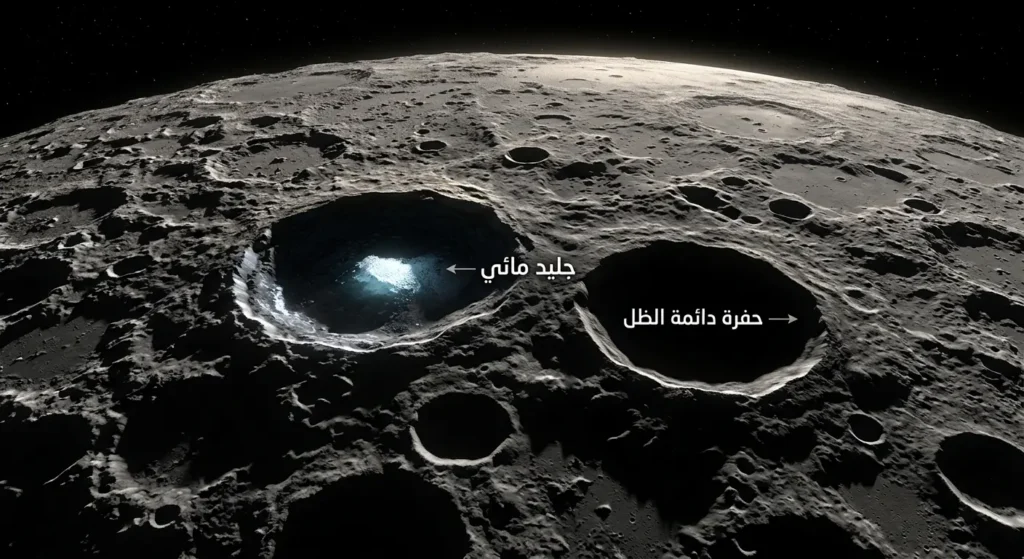 صورة واقعية للقطب الشمالي لكوكب عطارد تُظهر حفراً عميقة دائمة الظل يوجد في قاعها جليد مائي أبيض مزرق