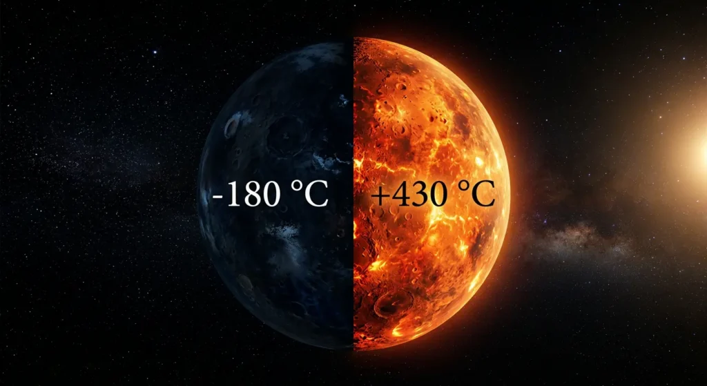 صورة توضيحية لكوكب عطارد تُظهر التناقض الحراري بين جانبه المضيء الحار عند 430 درجة مئوية وجانبه المظلم المتجمّد عند -180 درجة مئوية