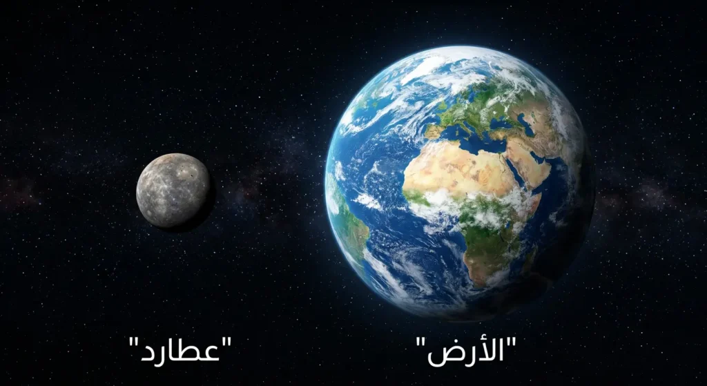 صورة مقارنة واقعية تُظهر كوكب الأرض وكوكب عطارد جنباً إلى جنب بمقياس حجم حقيقي يُبرز صغر عطارد مقارنة بالأرض
