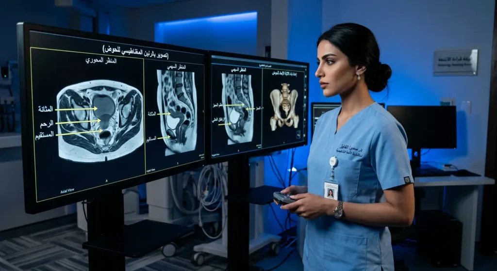  طبيبة تفحص صور الرنين المغناطيسي لتشخيص ورم المستقيم.