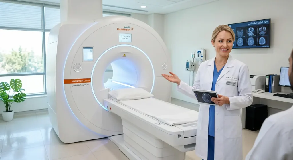 جهاز تصوير بالرنين المغناطيسي MRI حديث مع طبيبة في غرفة فحص