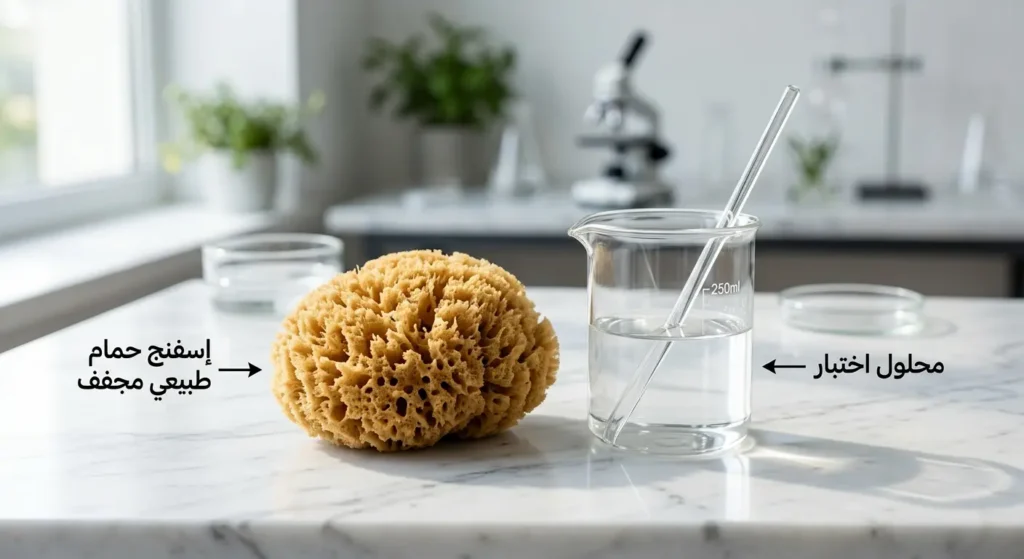 صورة واقعية لإسفنج طبيعي تجاري مجفف من نوع Spongia officinalis بجانب كأس مخبري زجاجي