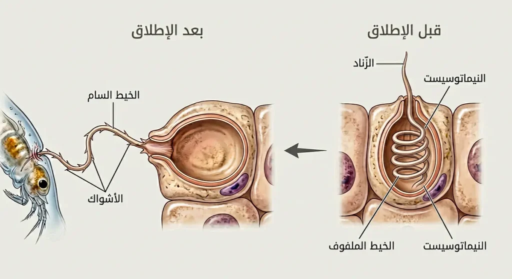 رسم توضيحي لآلية إطلاق الخلية اللاسعة يُظهر مرحلتين: قبل الإطلاق مع الخيط الملفوف والزناد، وبعد الإطلاق مع الخيط السام والأشواك
