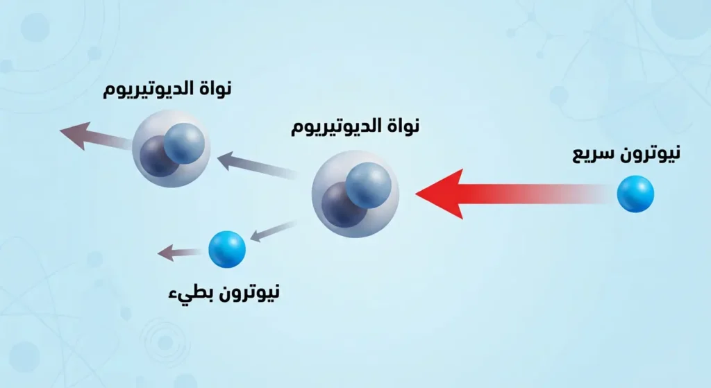 رسم توضيحي لعملية إبطاء النيوترون السريع عبر تصادم مرن مع نواة الديوتيريوم داخل مبطئ المفاعل النووي