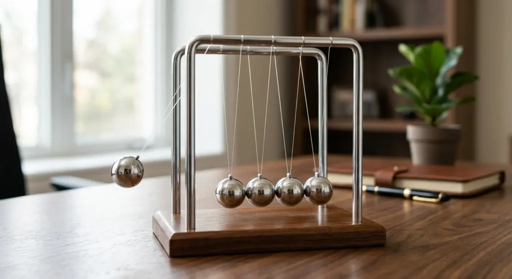 جهاز بندول نيوتن حقيقي بخمس كرات معدنية لامعة معلقة على هيكل معدني مع ارتداد الكرة الأخيرة بعد التصادم