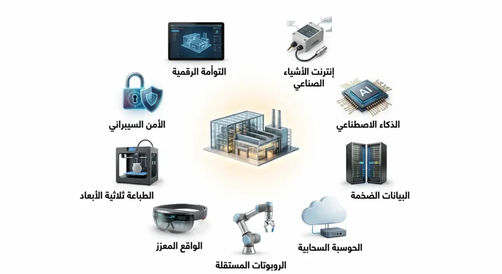 مخطط واقعي يُظهر الركائز التكنولوجية التسع للثورة الصناعية الرابعة مرتبة حول مصنع ذكي مركزي