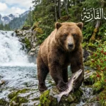 دب بني واقعي يتناول أسماك السلمون والتوت البري معاً لتوضيح مفهوم الحيوانات القارتة.