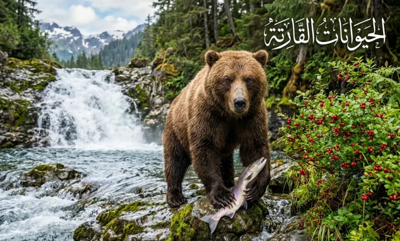 دب بني واقعي يتناول أسماك السلمون والتوت البري معاً لتوضيح مفهوم الحيوانات القارتة.