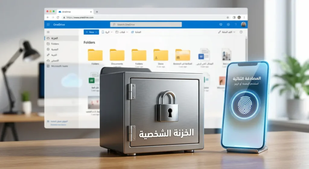 رسم توضيحي يظهر مجلد "الخزنة الشخصية" على شكل خزنة فولاذية، مع أيقونة ترمز للمصادقة الإضافية مثل بصمة الإصبع أو رمز PIN.