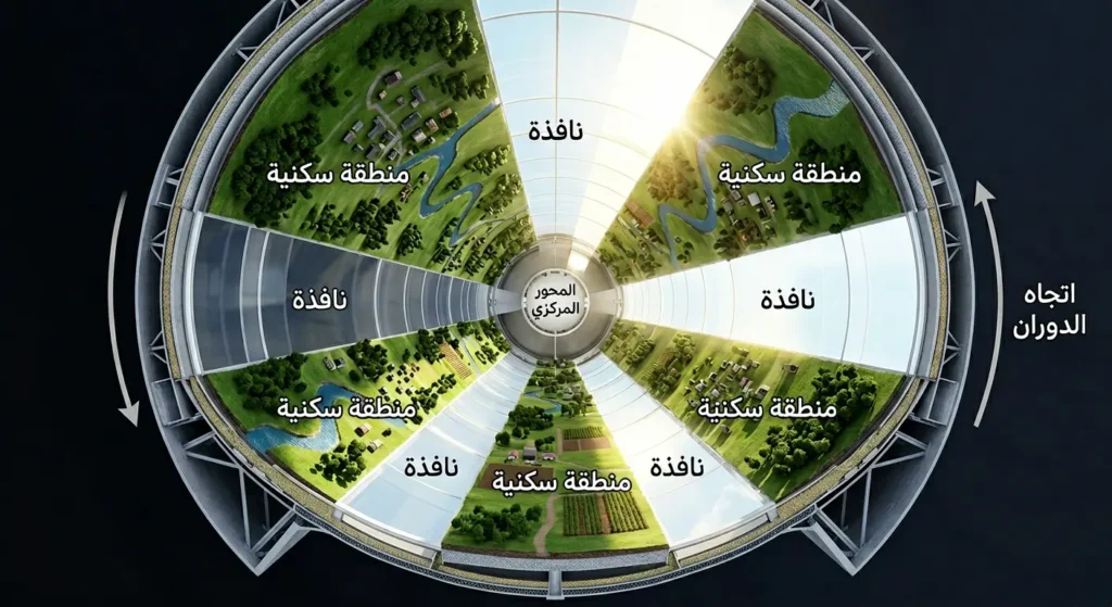 مقطع عرضي لأسطوانة أونيل يُظهر التقسيم الداخلي إلى ست مناطق متناوبة بين مناطق سكنية ونوافذ شفافة مع اتجاه الدوران حول المحور المركزي