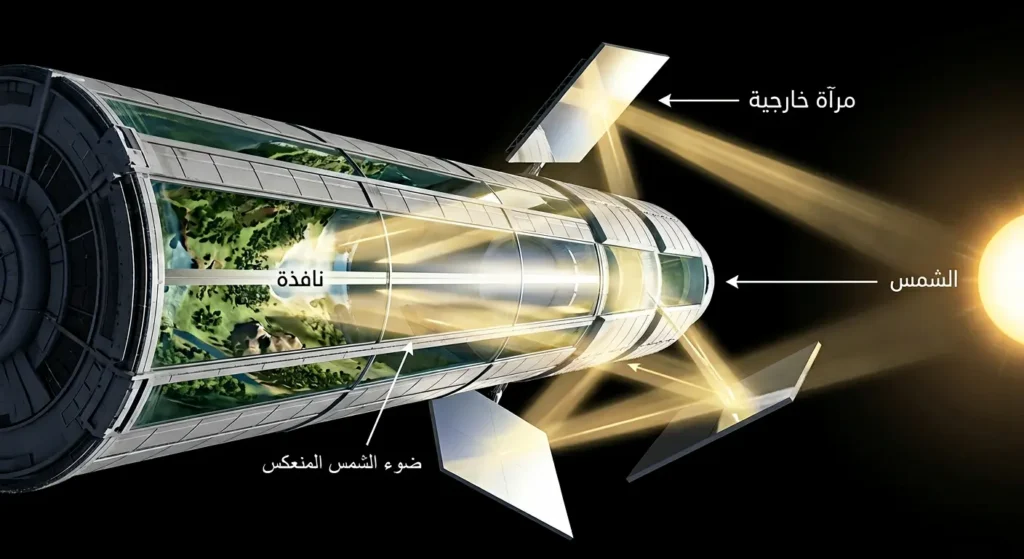 منظر جانبي لأسطوانة أونيل يُظهر نظام المرايا الخارجية وهي تعكس ضوء الشمس إلى داخل الأسطوانة عبر النوافذ الشفافة