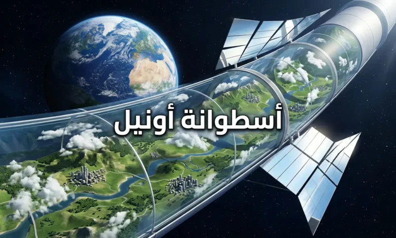 تصميم تخيلي واقعي لأسطوانة أونيل الفضائية العملاقة وهي تطفو في الفضاء مع ظهور كوكب الأرض في الخلفية