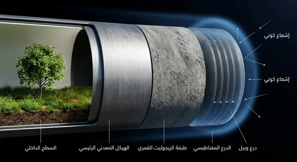 مقطع تفصيلي لجدار أسطوانة أونيل يُظهر طبقات الحماية المتعددة من درع ويبل والريجوليث القمري والدرع المغناطيسي ضد الإشعاع الكوني