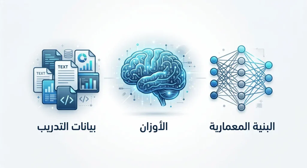 مخطط توضيحي يعرض المكونات الثلاثة لنموذج الذكاء الاصطناعي مفتوح المصدر وهي البنية المعمارية والأوزان وبيانات التدريب