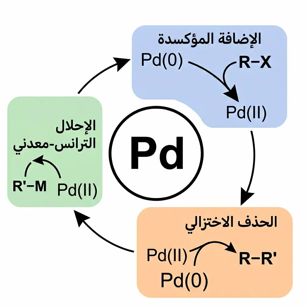 مخطط دوري يوضح الخطوات الثلاث للدورة الحفزية للبلاديوم في تفاعلات الازدواج المتقاطع: الإضافة المؤكسدة والإحلال الترانس-معدني والحذف الاختزالي