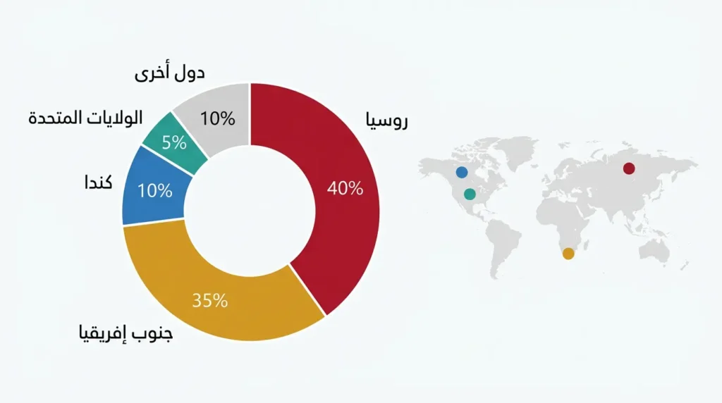 مخطط دائري يوضح التوزع الجغرافي للإنتاج العالمي للبلاديوم حيث تستحوذ روسيا وجنوب إفريقيا على 75% من الإنتاج