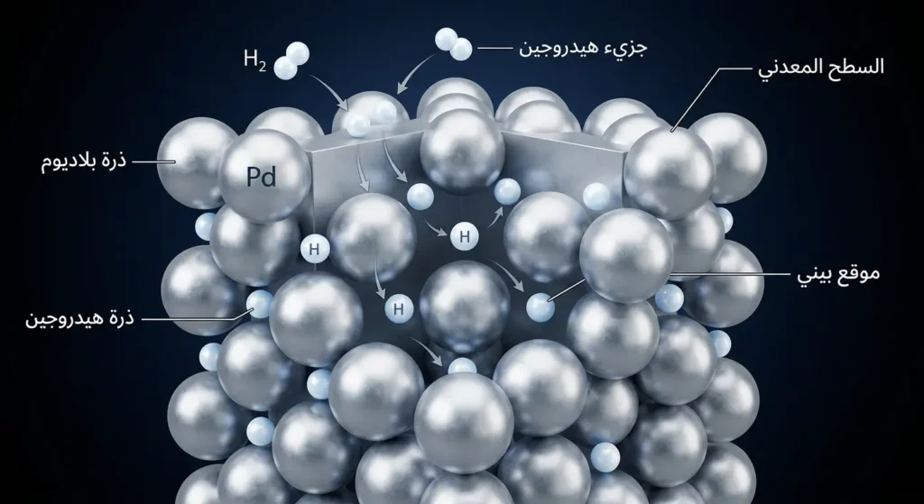 نموذج ثلاثي الأبعاد للشبكة البلورية للبلاديوم يوضح كيف تتسلل ذرات الهيدروجين إلى المواقع البينية داخل البنية المعدنية