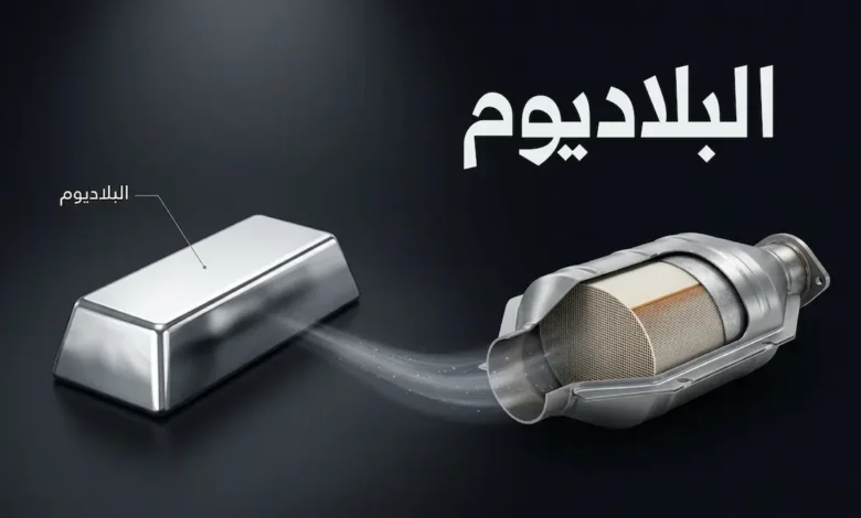 سبيكة بلاديوم فضية لامعة بجوار مقطع عرضي لمحول حفاز للسيارات يظهر البنية العسلية الداخلية