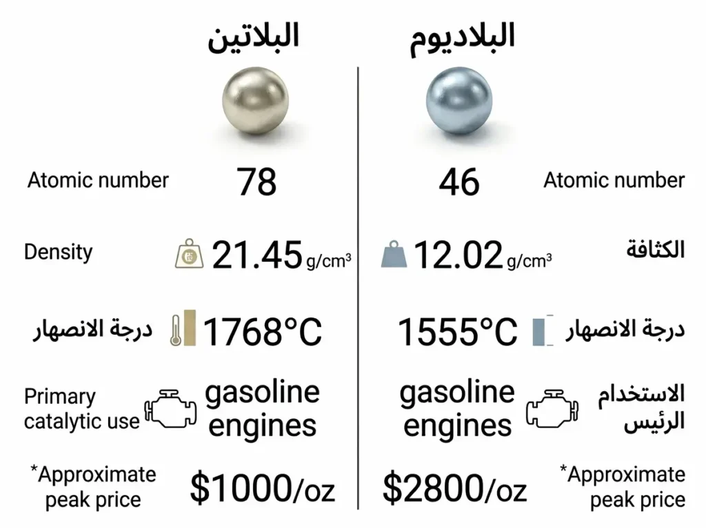 إنفوغرافيك مقارن بين البلاديوم والبلاتين يوضح الفروق في الكثافة ودرجة الانصهار والاستخدام الحفزي والسعر