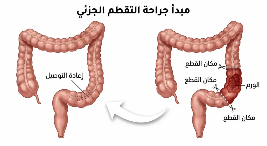 رسم توضيحي لجراحة استئصال الجزء المصاب من القولون وإعادة توصيل الأجزاء السليمة