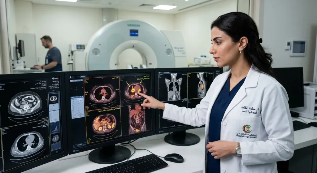 طبيبة تقوم بمراجعة صور التصوير المقطعي بالإصدار البوزيتروني لتشخيص سرطان الشرج.