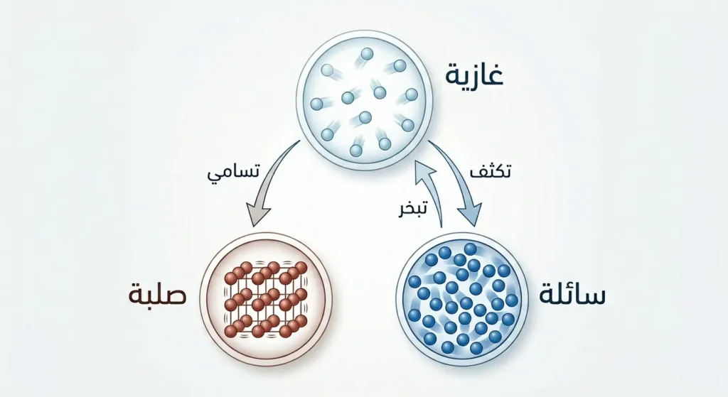 مخطط علمي واقعي يُظهر تحولات المادة بين الحالات الغازية والسائلة والصلبة