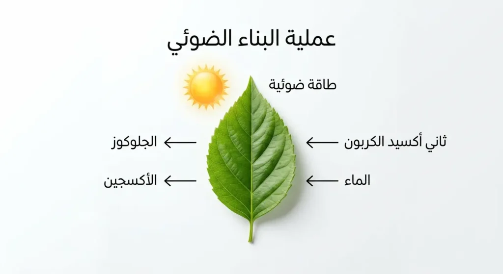 مخطط تعليمي لعملية البناء الضوئي يُظهر ورقة نبات خضراء مع المواد الداخلة وهي ثاني أكسيد الكربون والماء والطاقة الضوئية والمواد الناتجة وهي الجلوكوز والأكسجين