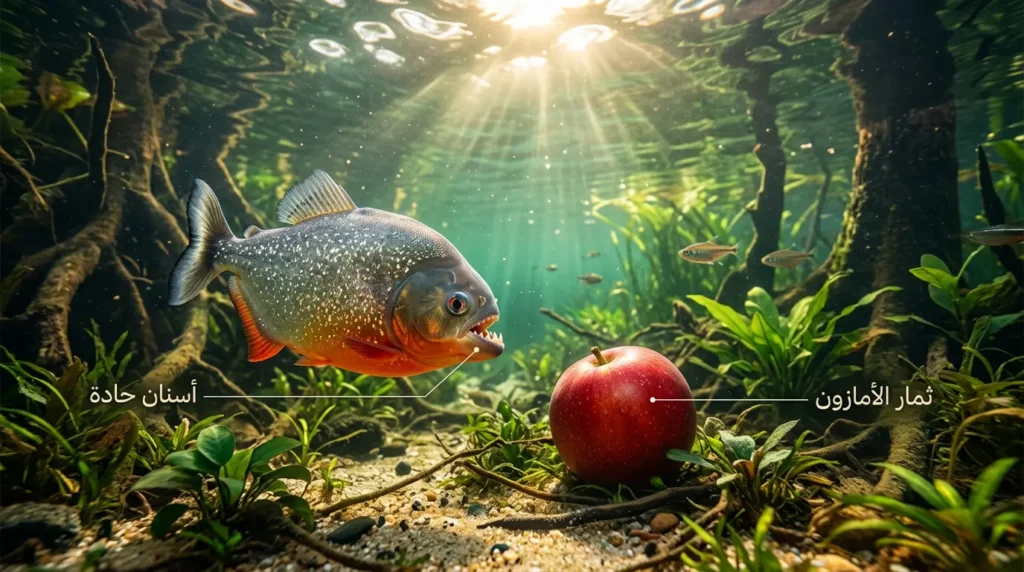 سمكة بيرانا في نهر الأمازون تلتقط ثمرة فاكهة حمراء سقطت في الماء.