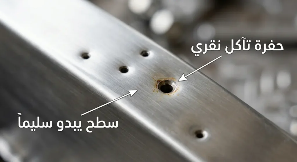 صورة مقرّبة لسطح فولاذي يُظهر حفراً صغيرة وعميقة ناتجة عن التآكل النقري مع بقاء السطح المحيط سليماً ظاهرياً