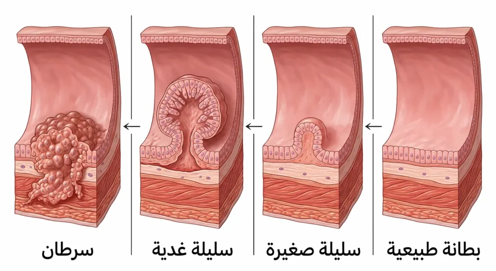 رسم توضيحي لمراحل تحول السليلة الحميدة إلى سرطان القولون عبر أربع مراحل