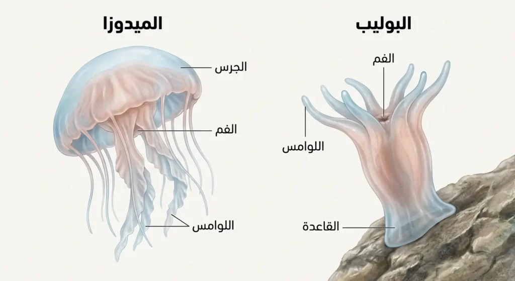  مقارنة تشريحية بين شكلي جسم اللاسعات: البوليب الثابت على اليمين والميدوزا الطافية على اليسار مع تسميات الأجزاء الرئيسية