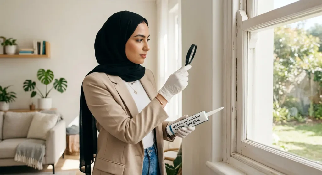باحثة تفحص نافذة منزل وتسد الشقوق للوقاية من دخول العناكب